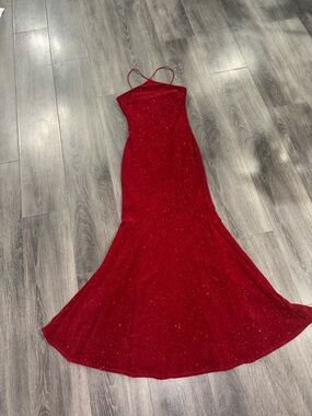Blondie Nites Red Sparkle Mermaid Maxi Dress with Spaghetti Straps